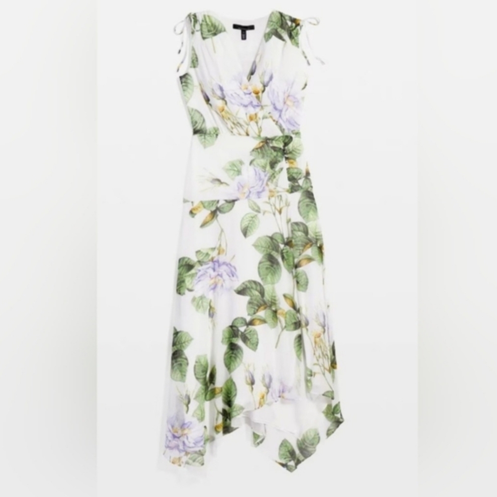 WHBM Elegant White Floral Flowy Rusched Asymmetric Sleeveless Midi Sz:12 - Picture 3 of 16